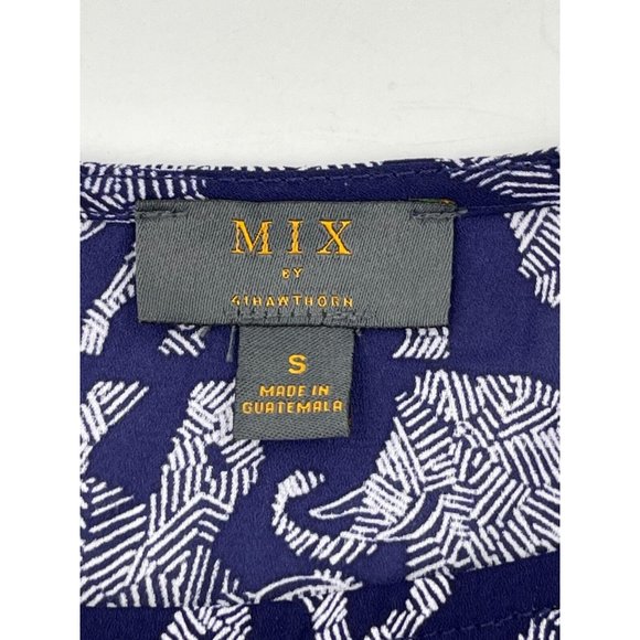 Mix by 41 Hawthorn Navy Blue Elephant Print Long Roll Tab Sleeve Top Shirt Small - Picture 7 of 12